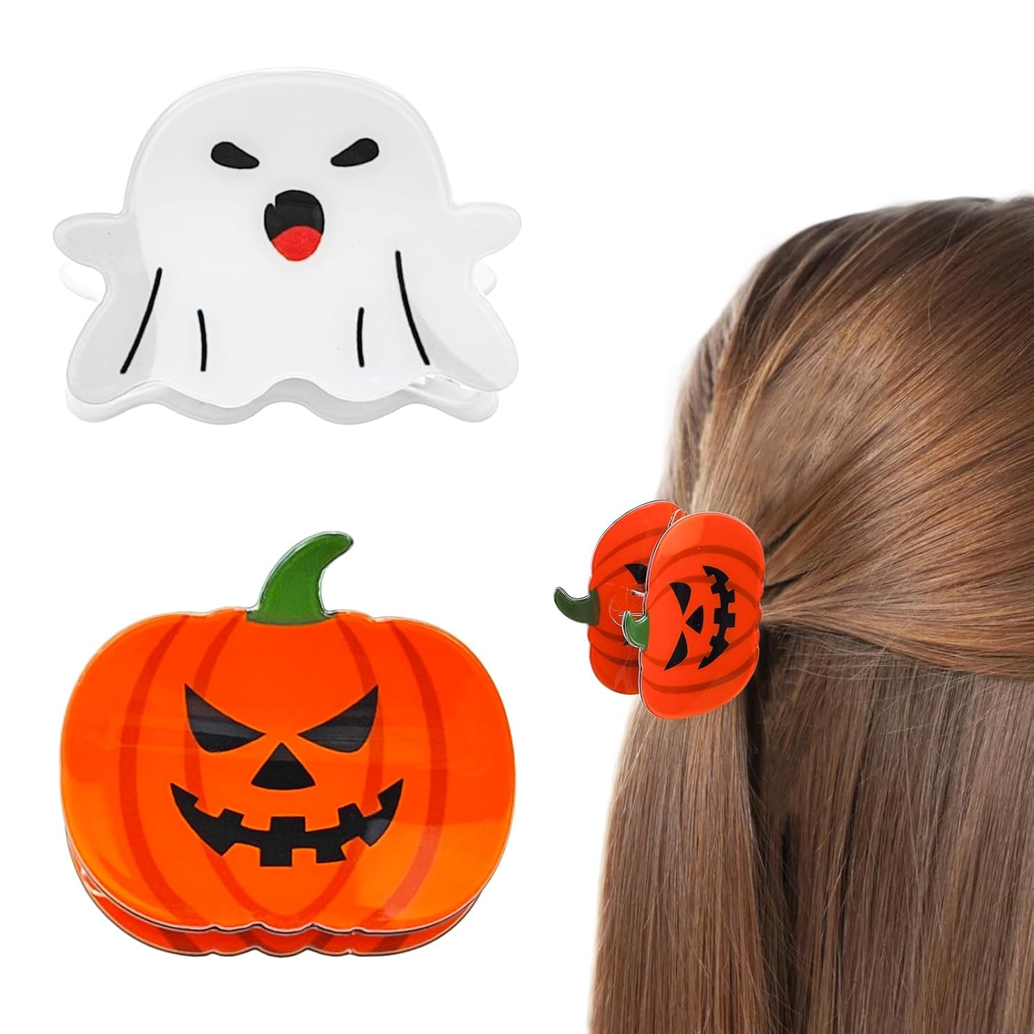 2 PACK Halloween Hair Claw Clips Pumpkin and Ghost Hair Claw Clips