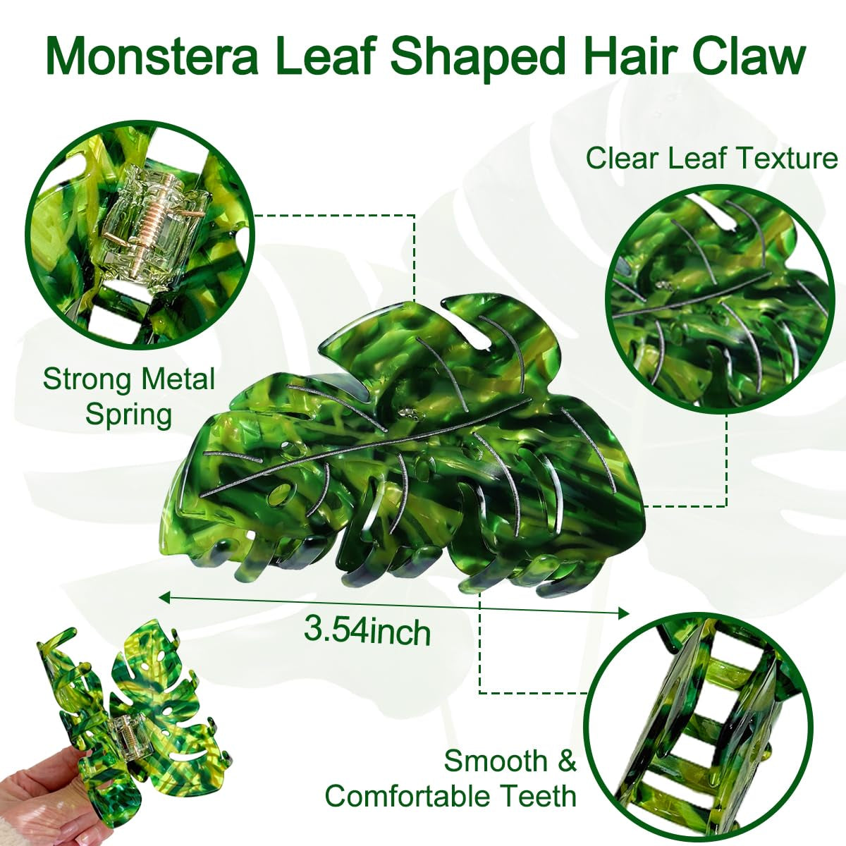 Hair Claw Clip, 3.54 Inch Leaf Design for Thick or Thin Hair, Strong Hold Spring Jaw Clamp Accessory for Women, Green