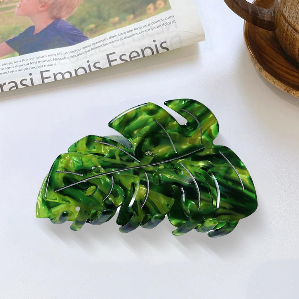 Hair Claw Clip, 3.54 Inch Leaf Design for Thick or Thin Hair, Strong Hold Spring Jaw Clamp Accessory for Women, Green