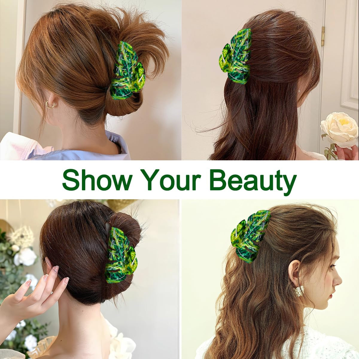 Hair Claw Clip, 3.54 Inch Leaf Design for Thick or Thin Hair, Strong Hold Spring Jaw Clamp Accessory for Women, Green