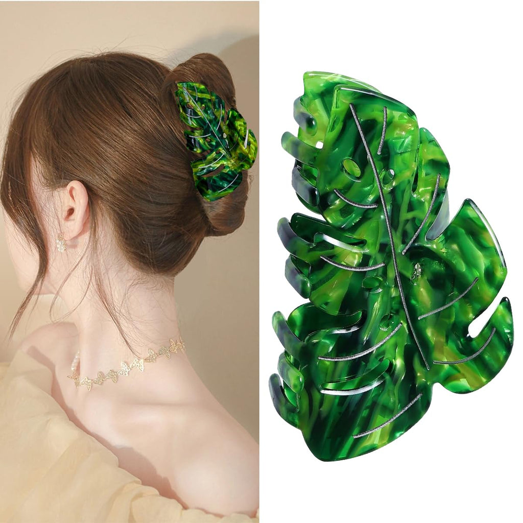 Hair Claw Clip, 3.54 Inch Leaf Design for Thick or Thin Hair, Strong Hold Spring Jaw Clamp Accessory for Women, Green